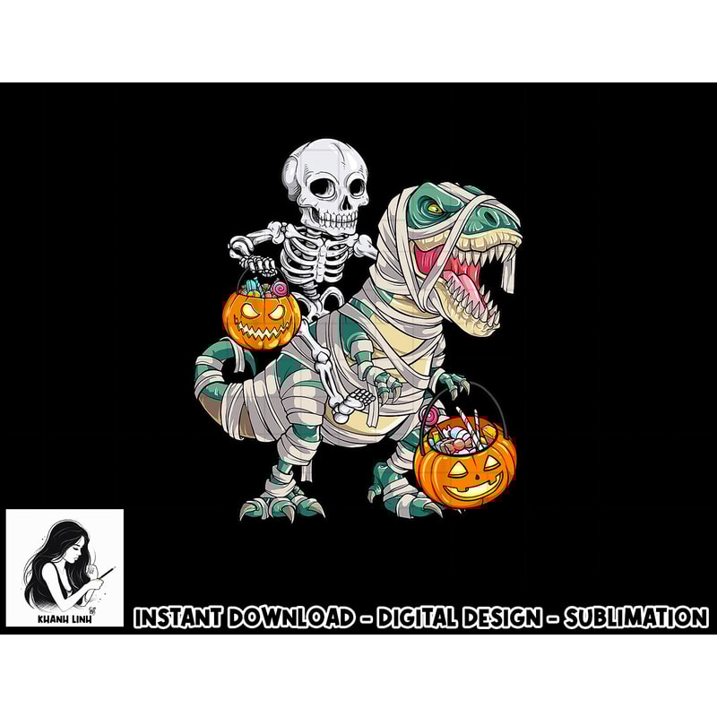Skeleton Riding Mummy Dinosaur T rex Halloween Funny Pumpkin png, sublimation copy.jpg
