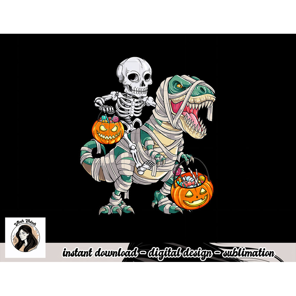 Skeleton Riding Mummy Dinosaur T rex Halloween Funny Pumpkin png, sublimation copy.jpg