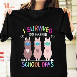 I Survived 100 Masked School Days Llama Virtual Teacher Girl Vintage T-Shirt, 100 Days Of School Shirt, Happy 100 Days S
