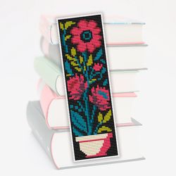 Cross stitch bookmark pattern Pink Flowers, Bookmark embroidery pattern, Floral cross stitch, Digital pattern,