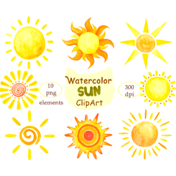 Watercolor Sun Clipart, Hand Painted 10 PNG, Digital Sun Clip Art, Yellow Orange Warm Sun, Summer, Vacation, Invitation