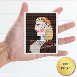 Portrait of Marie-Therese Walter with garland by Pablo Picasso Cross Stitch Pattern. Miniature Art, Easy Tiny