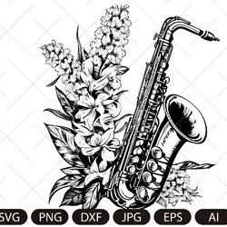Saxophone SVG, saxophone in flowers, music svg, saxophone vector, musical instrument, saxophone player svg
