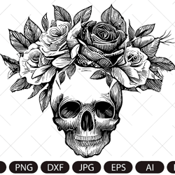 Floral Skull Svg, Skull Svg, Flower Skull Svg, Flower Skull Clip Art, Sugar Skull Svg, Skull Vector, Skull Flower Crown