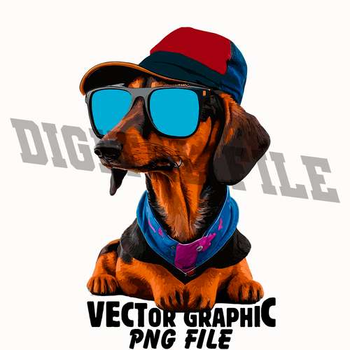 Cute Dachshund in Sunglasses and a Cap PNG Files Sublimation Digital Vector File