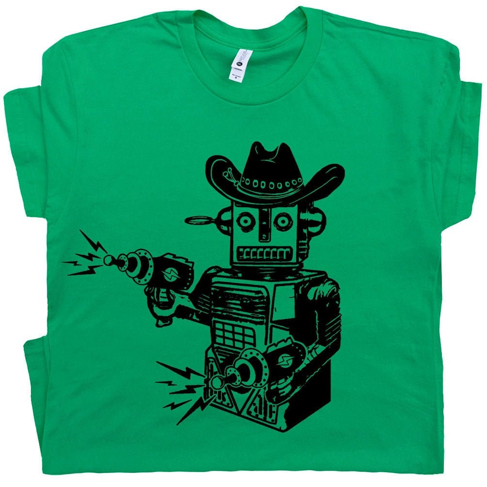 Robot T Shirt Vintage Cowboy Robot Graphic T Shirt Laser Gun Cool Geek T Shirt Space Force Han Solo Pew Pew Tee For Men Women Kids Toy Robot - 1.jpg