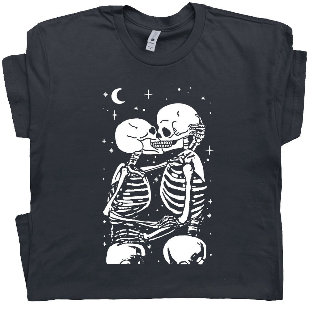 Skeleton Kissing T Shirt Love Never Dies Skull and Bones Cool Graphic Tee Till Death Do Us Part Gothic Romantic Shirt For Women Men Ladies - 1.jpg