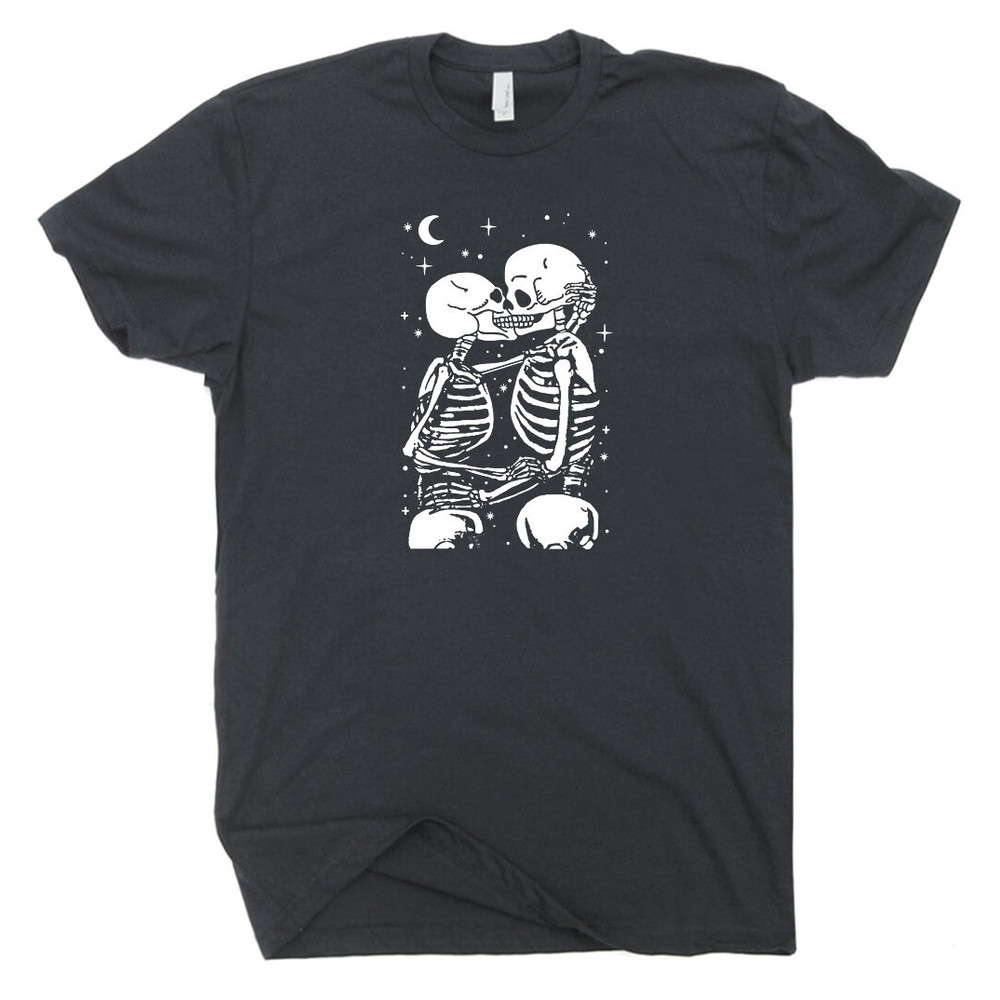 Skeleton Kissing T Shirt Love Never Dies Skull and Bones Cool Graphic Tee Till Death Do Us Part Gothic Romantic Shirt For Women Men Ladies - 2.jpg