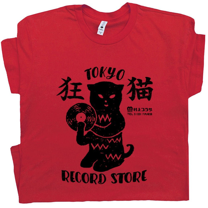 Tokyo Record Store T Shirt Black Cat T Shirt Vinyl Record Player Cool Vintage Rock Tee DJ Graphic Melting Band Music Import Japan Tee - 1.jpg