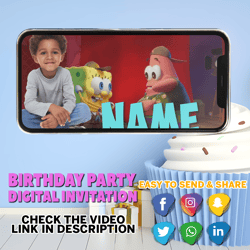 SpongeBob Animated Video Invitation with Music, SpongeBob Party Birthday Video Invitation, SpongeBob theme Invitation