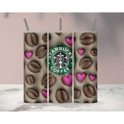 3D Inflated Puff Coffee Wrap Pink Heart Sublimation Tumbler Design Download PNG, 20 Oz Digital Tumbler Wrap PNG Download