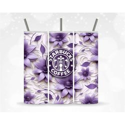 3D Seamless Purple And White Floral Coffee Wrap Sublimation Tumbler Design Download PNG, 20 Oz Digital Tumbler Wrap PNG