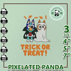 bluey dog trick or treat embroidery design, cartoon blue dog embroidery design, horror halloween embroidery machine file