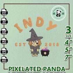 bluey dog witch embroidery design, cartoon blue dog embroidery design, horror halloween embroidery machine design, insta