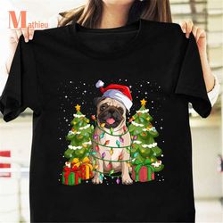Lovely Pug With Santa Hat And Fairy Lights Vintage T-Shirt, Santa Pug Shirt, Christmas Gift, Dog Lover Shirt