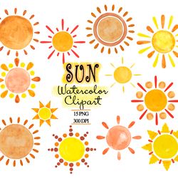 Watercolor Sun Clipart, Burnt Orange, Terracotta Sun Clip Art, Boho Sun Hand Painted 10 PNG, Summer, Invitation Graphics