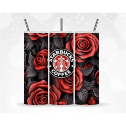 3D Seamless Black And Red Roses Floral Coffee Wrap Sublimation Tumbler Design Download PNG, 20 Oz Digital Tumbler Wrap P