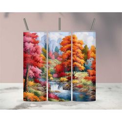 Embroidered Fall Season Autumn 3D Embroidery Landscape Sublimation Tumbler Design Download PNG, 20 Oz Digital Tumbler Wr