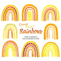 Watercolor Boho Rainbow Clipart, Yellow Orange Rainbows PNG, Baby Shower Graphics, Nursery Clip Art, Scrapbooking Summer