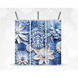 3D Seamless Blue And White Floral Paper Quilling Coffee Wrap Sublimation Tumbler Design Download PNG 20 Oz Digital Tumbl