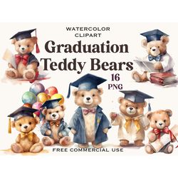 teddy bear graduation clipart, school kids watercolor images bundle, plush bears printable artwork, free commercial use