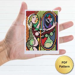 Girl before a Mirror by Pablo Picasso Cross Stitch Pattern. Miniature Art, Easy Tiny