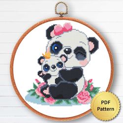 Funny Cute Panda with Baby Cross Stitch Pattern. Mother's Day gift