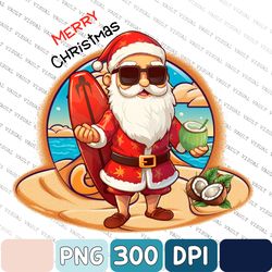 christmas santa kalikimaka surfboard png, hawaiian christmas png, santa beach png, christmas in july party png