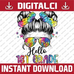 kids hello 1st grade messy hair bun girl back to school first day png, first day of school png, back to school png