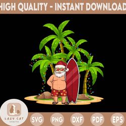christmas in july png, funny summer png, christmas in july surfing funny santa summer beach vacation png, summer christm