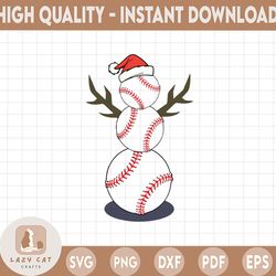 Baseball Snowman Santa Hat SVG, Softball Snowball Holiday Tree Branch, Christmas In July SVG, Digital Download