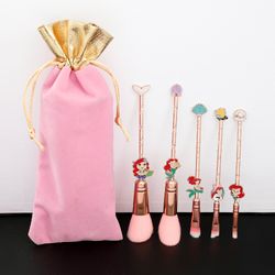 Cute The Little Mermaid Pink Makeup Brushes 5Pcs Set With Bag Disney Mermaid Princess Soft Comfortable