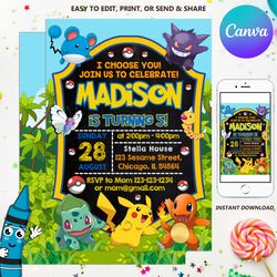 pokemon birthday invitation, pokemon party invitation, pokemon card, digital file, instant download