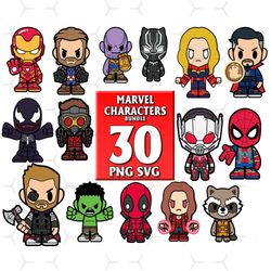 30 files marvel characters svg bundle, bundle iron man, spider man svg, ant man svg, deadpool svg, thor svg, dr strange