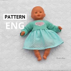 Doll dress pattern with embroidery heart, doll clothing