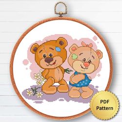 Cute Funny Pull Bear Cross Stitch Pattern, Baby Nursery Decor. Valentine's Day gift