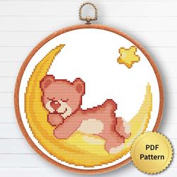 Cute Pull Bear on the Moon, Boy Girl Cross Stitch Pattern, Baby Nursery Decor
