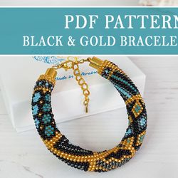 Black Gold geometric PDF pattern bracelet, Jewelry making DIY pattern, Seed bead crochet Patchwork bracelet pattern