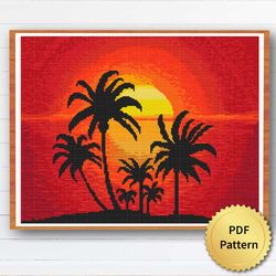 Sunset Palm Beach Cross Stitch Pattern