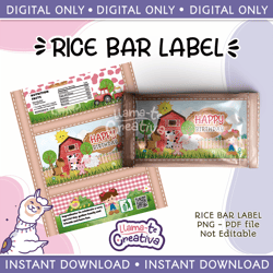 Farm girl Rice Bar Labels Digital Printable, not editable