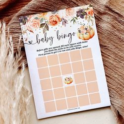 Bingo Baby Shower Game, Pumpkin Baby Shower Bingo, Printable Baby Bingo Game, Autumn Baby Shower Bingo, Floral Fall Baby