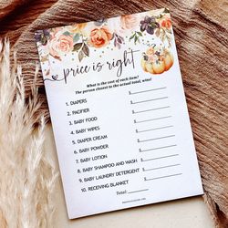 Pumpkin Baby Shower Price Is Right Game, Printable Price Is Right Floral Fall Baby Shower Game, Guessing Price Game