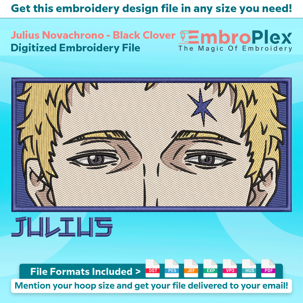 Anime-Inspired Julius Novachrono Embroidery Design File main image - This anime embroidery designs files featuring Julius Novachrono from Black Clover. Digital