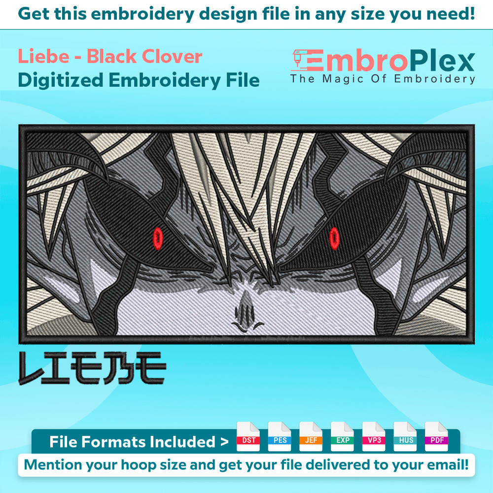 Anime-Inspired Liebe Embroidery Design File main image - This anime embroidery designs files featuring Liebe from Black Clover. Digital download in DST & PES fo