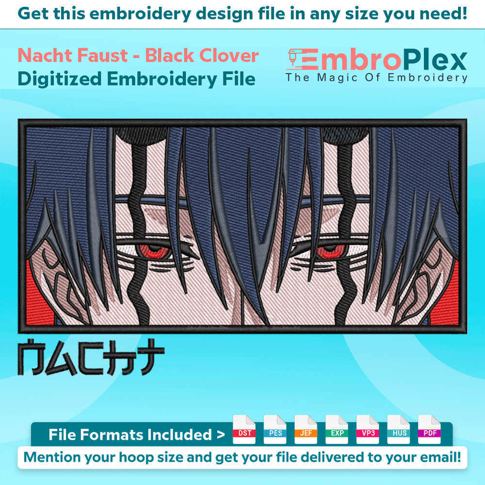 Anime-Inspired Nacht Faust Embroidery Design File main image - This anime embroidery designs files featuring Nacht Faust from Black Clover. Digital download in