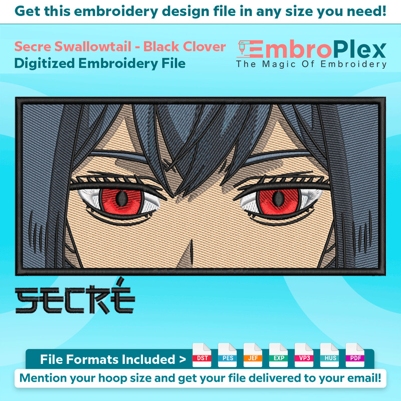Anime-Inspired Secre Swallowtail Embroidery Design File main image - This anime embroidery designs files featuring Secre Swallowtail from Black Clover. Digital