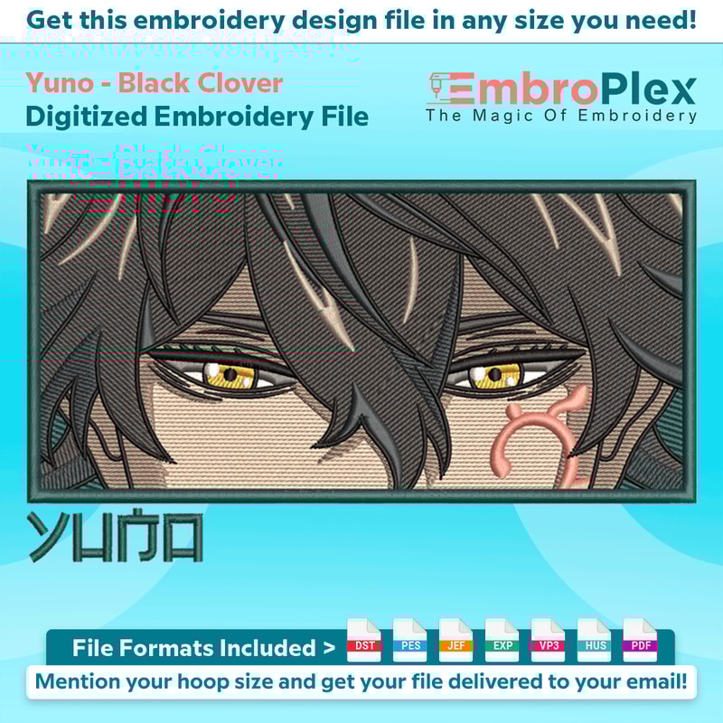 Anime-Inspired Yuno Embroidery Design File main image - This anime embroidery designs files featuring Yuno from Black Clover. Digital download in DST & PES form