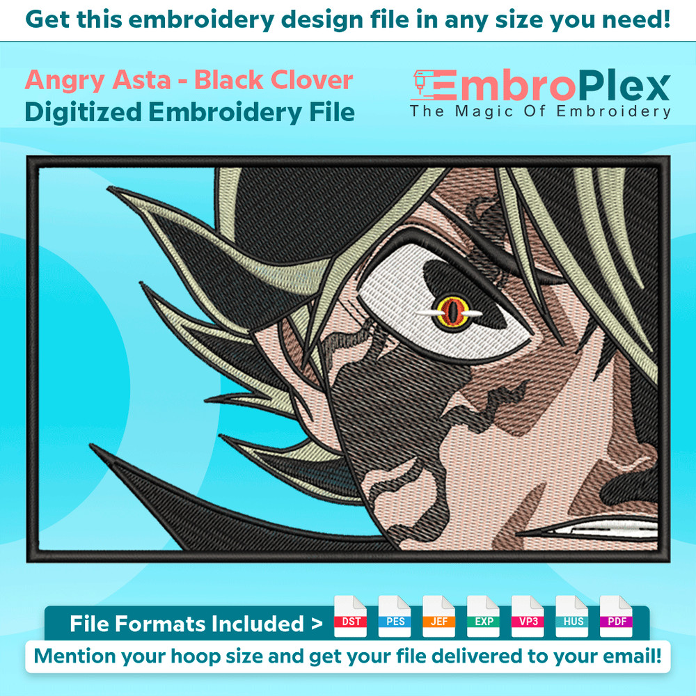 Anime-Inspired Angry Asta Embroidery Design File main image - This anime embroidery designs files featuring Angry Asta from Black Clover. Digital download in DS