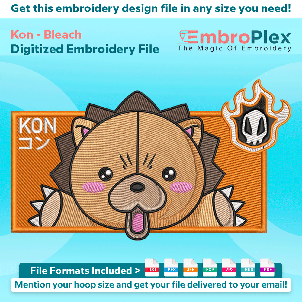 Anime-Inspired Kon Embroidery Design File main image - This anime embroidery designs files featuring Kon from Bleach. Digital download in DST & PES formats. Hig