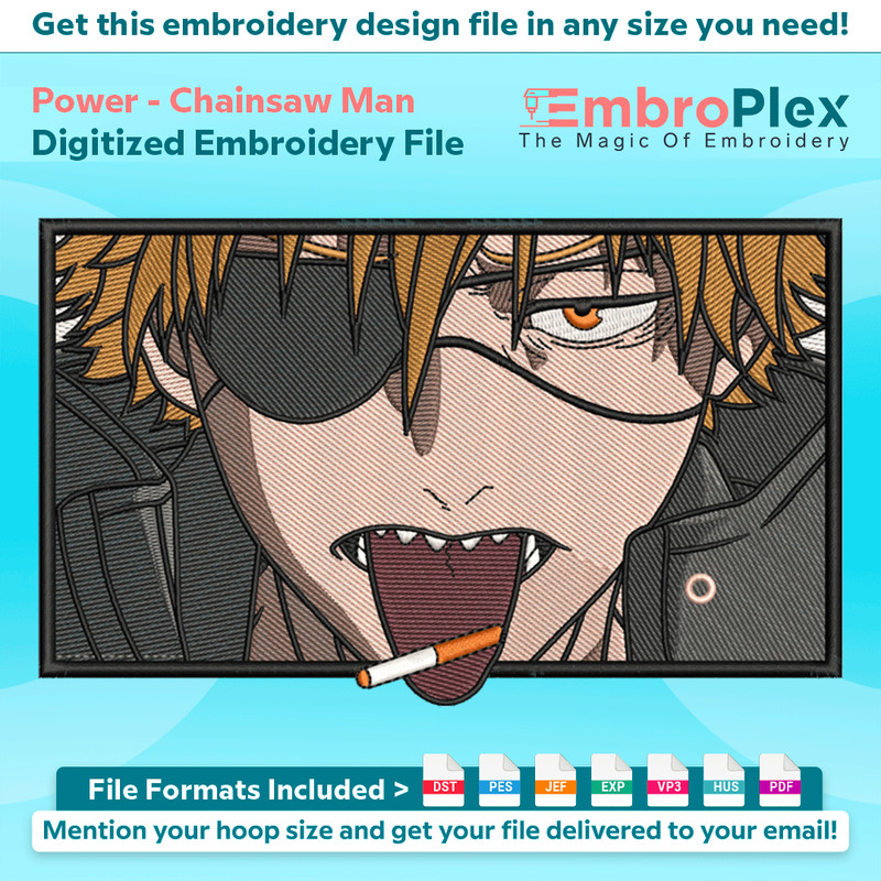 Anime-Inspired Denji Embroidery Design File main image - This anime embroidery designs files featuring Denji from Chainsaw Man. Digital download in DST & PES fo
